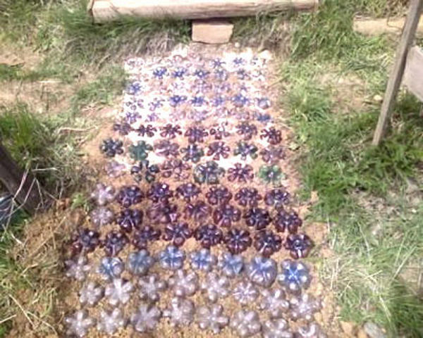 allée de jardin faite de bouteilles en plastique